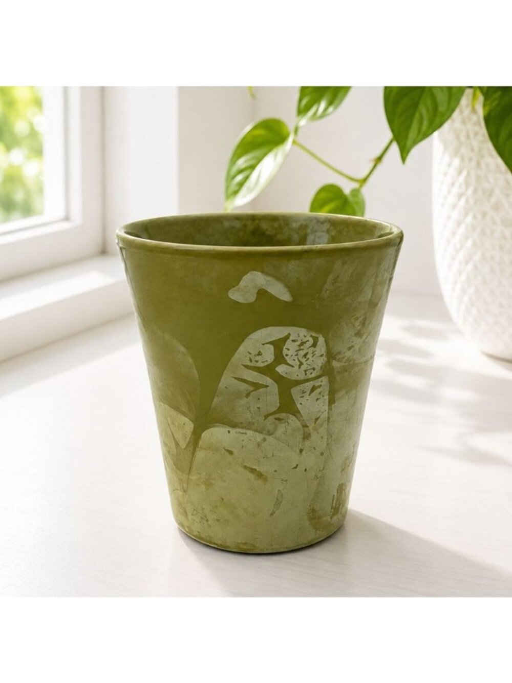 Vintage Green Ceramic Flower Pot With Faded Leaf Pattern Made In Germany Approx.